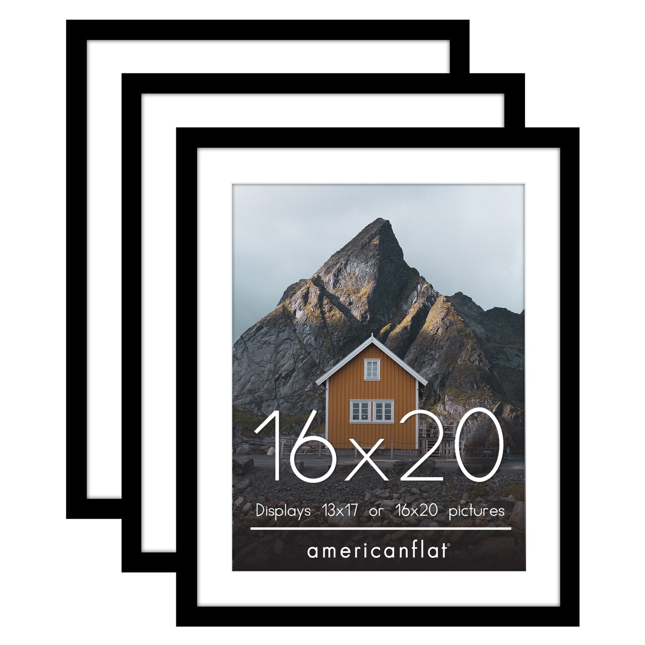 Americanflat 16x20 Black Picture Frames - Shatter-Resistant Glass - 3 Pack - Use as 13x17 with mat or as 16x20 frame without mat